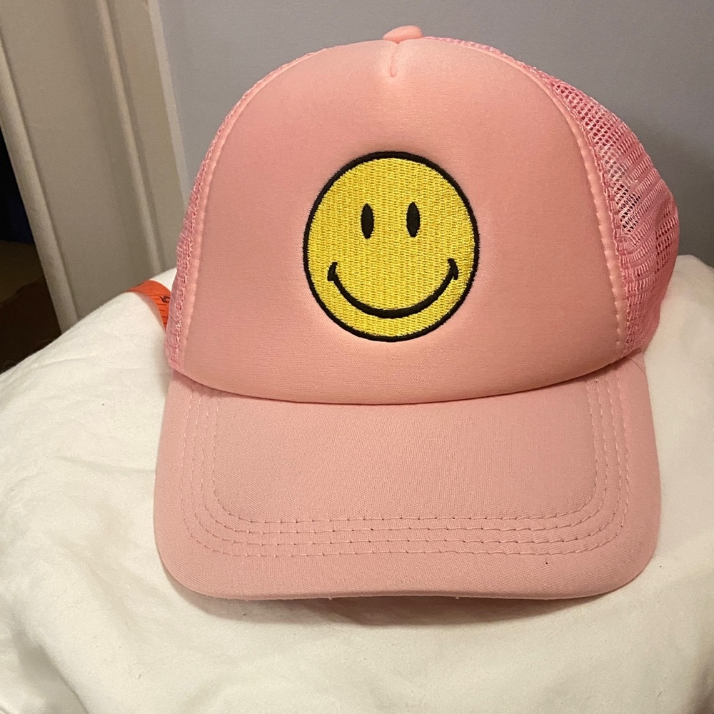 Pink Trucker Hat with Yellow Smiley Face Mesh Back